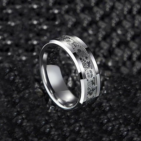 Men 8mm Tungsten Beveled Edge Mechanical Steampunk Gear Comfort-Fit Wedding Ring